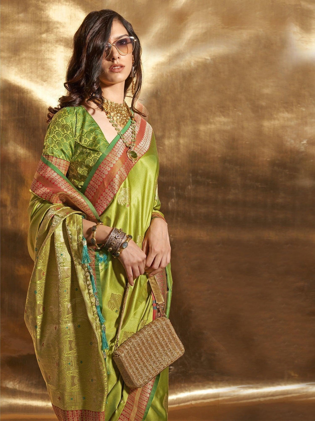 Beautiful Green Handloom Weaving Satin Sangeet Wear Saree
