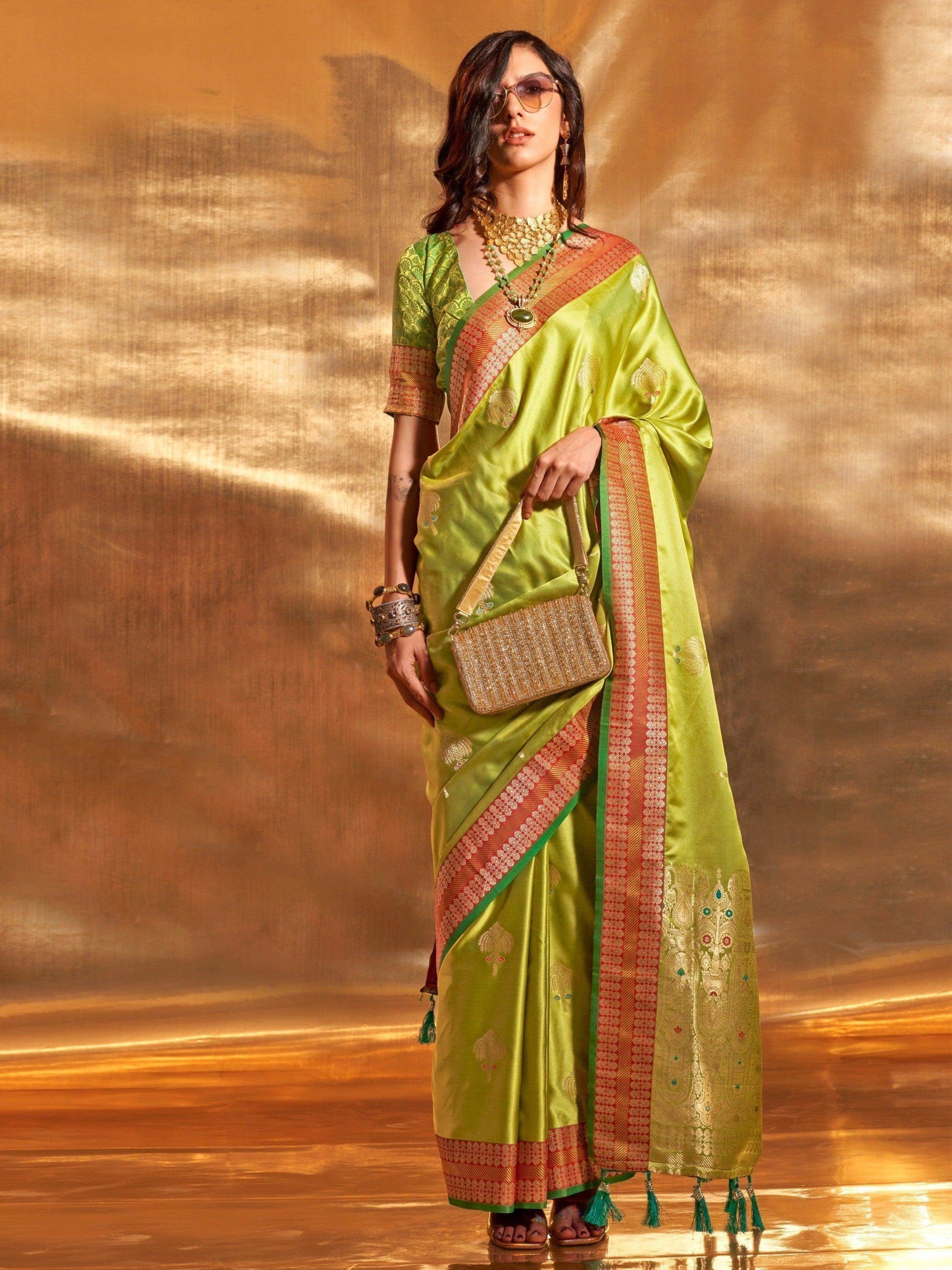 Beautiful Green Handloom Weaving Satin Sangeet Wear Saree - Zeel Clothing