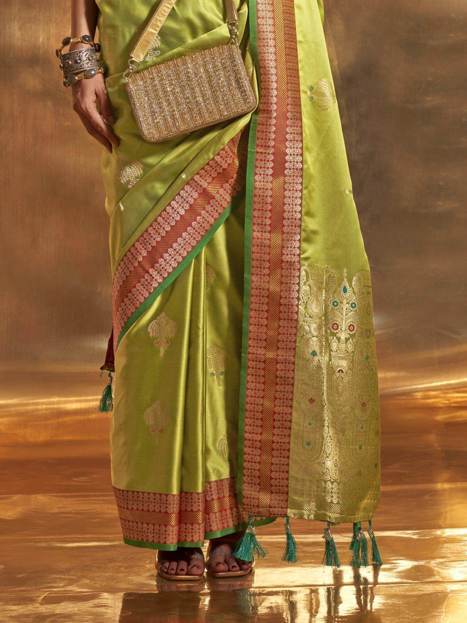 Beautiful Green Handloom Weaving Satin Sangeet Wear Saree - Zeel Clothing