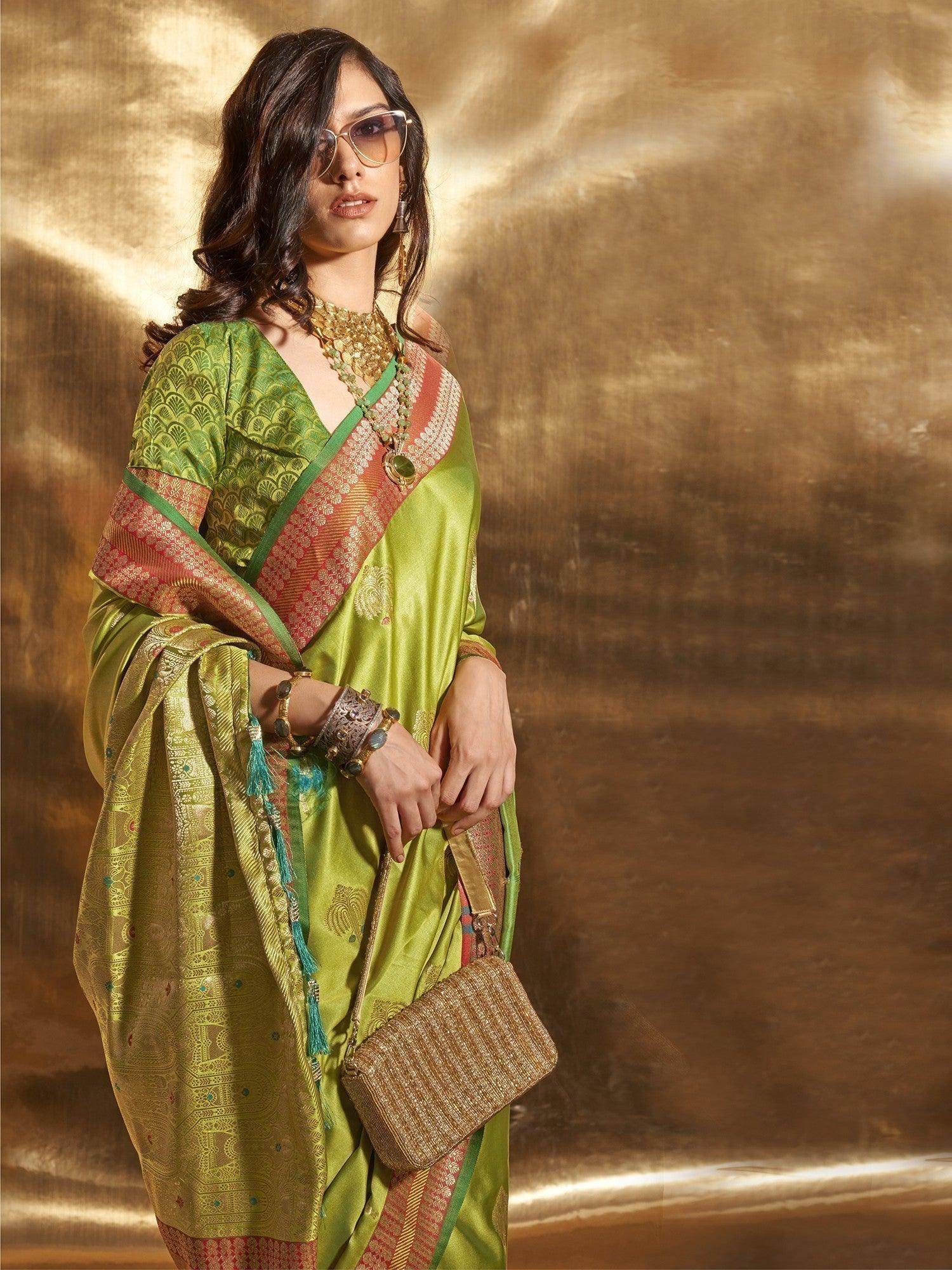 Beautiful Green Handloom Weaving Satin Sangeet Wear Saree - Zeel Clothing