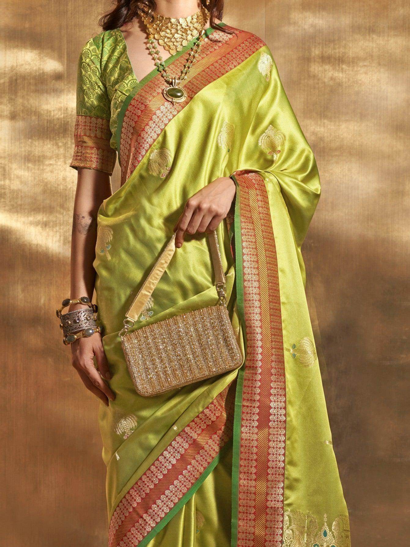 Beautiful Green Handloom Weaving Satin Sangeet Wear Saree - Zeel Clothing