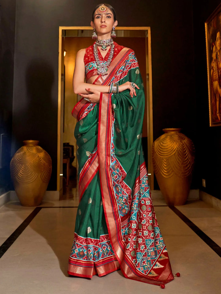 Beautiful Green Patola Printed Silk Event Wear Saree With Blouse - Zeel Clothing