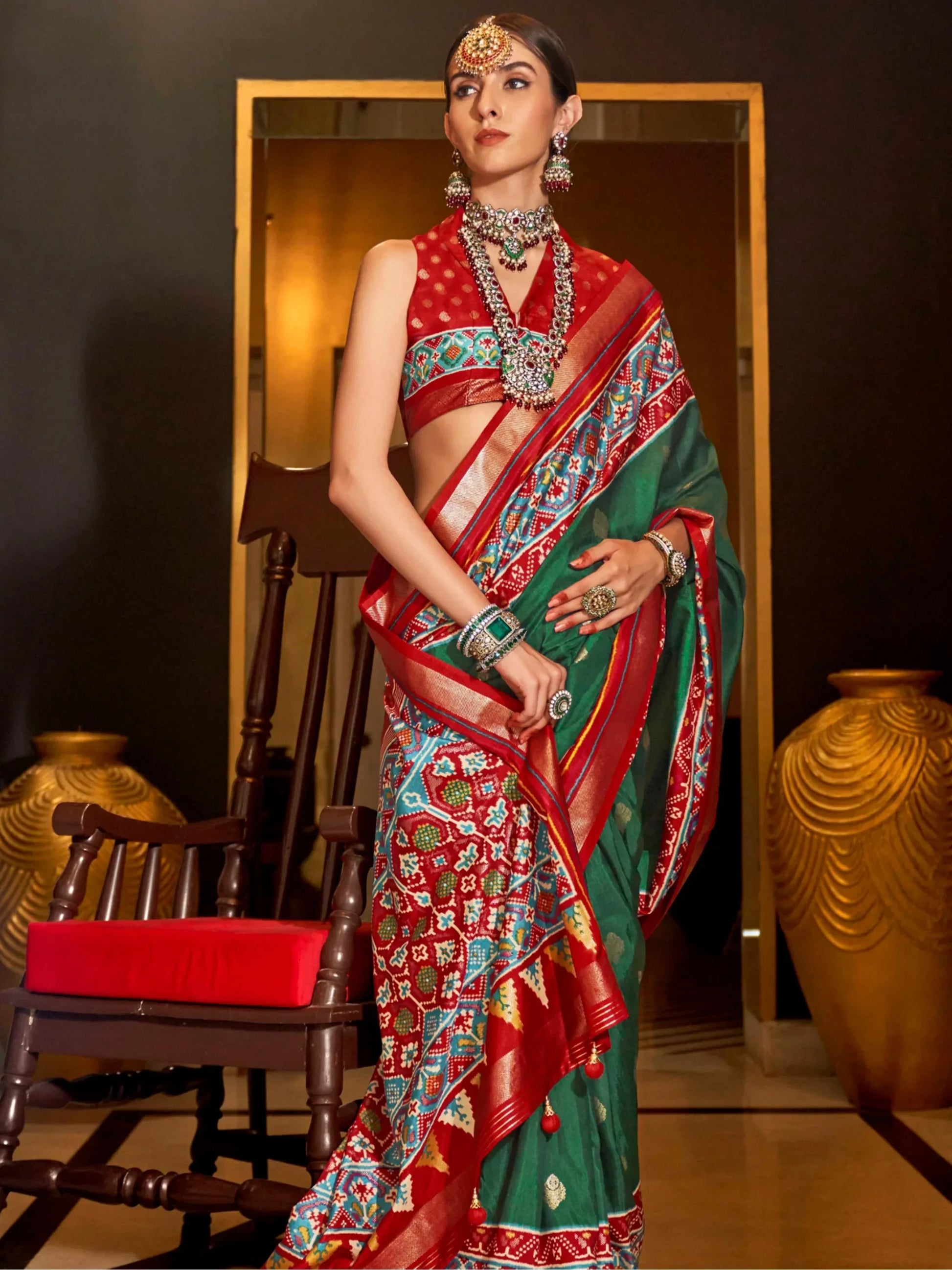 Beautiful Green Patola Printed Silk Event Wear Saree With Blouse - Zeel Clothing