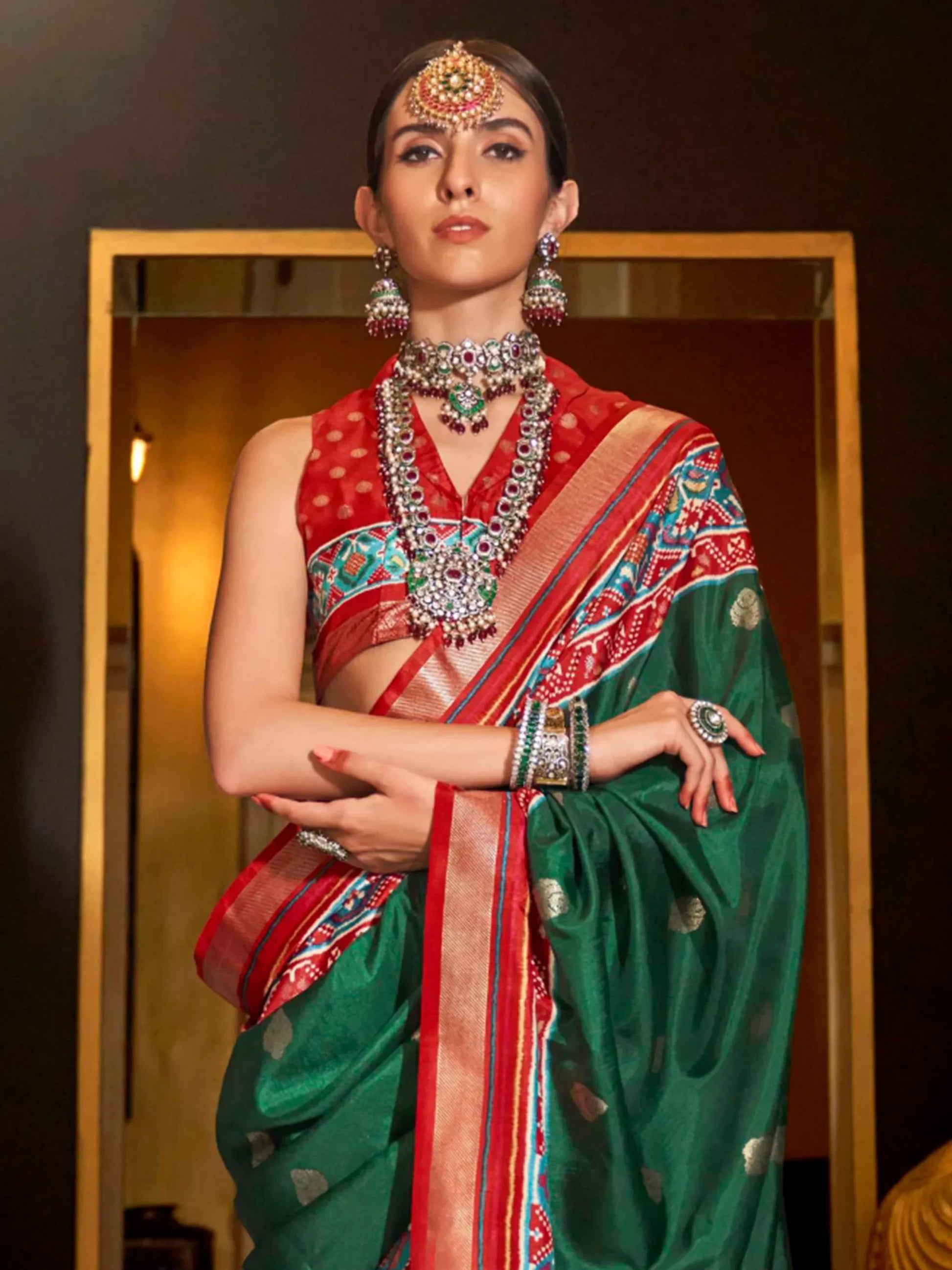 Beautiful Green Patola Printed Silk Event Wear Saree With Blouse - Zeel Clothing
