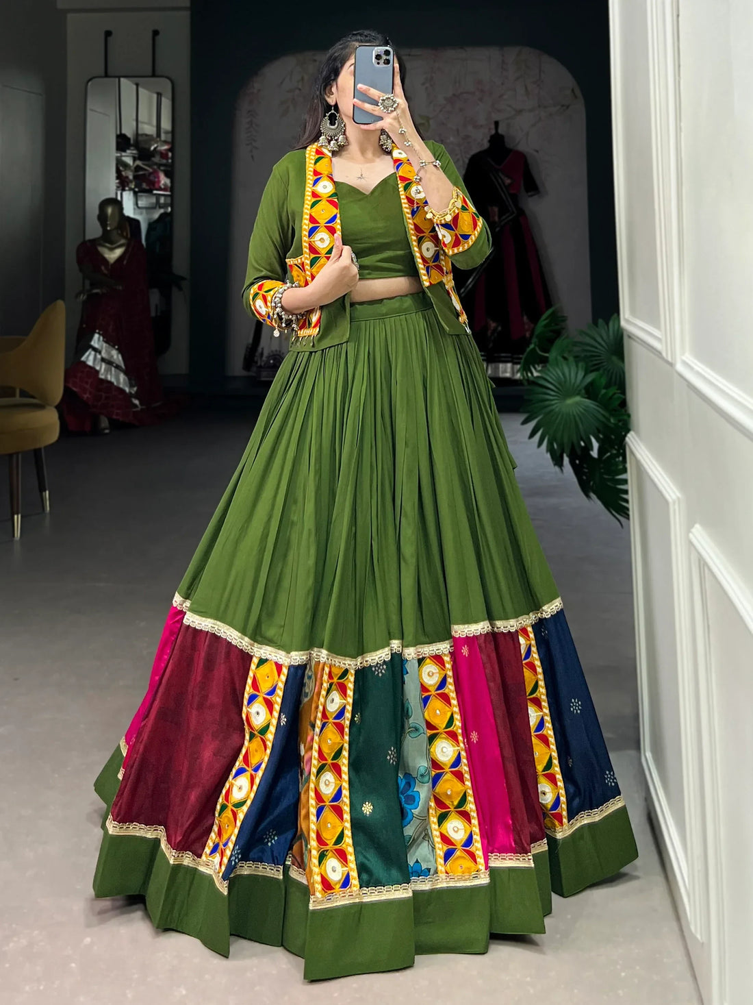 Beautiful Green Rayon Printed Navratri Lehenga Choli With Koti - Zeel Clothing