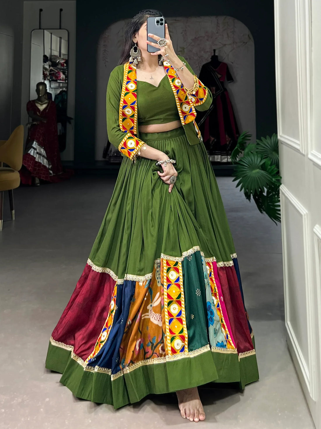 Beautiful Green Rayon Printed Navratri Lehenga Choli With Koti - Zeel Clothing