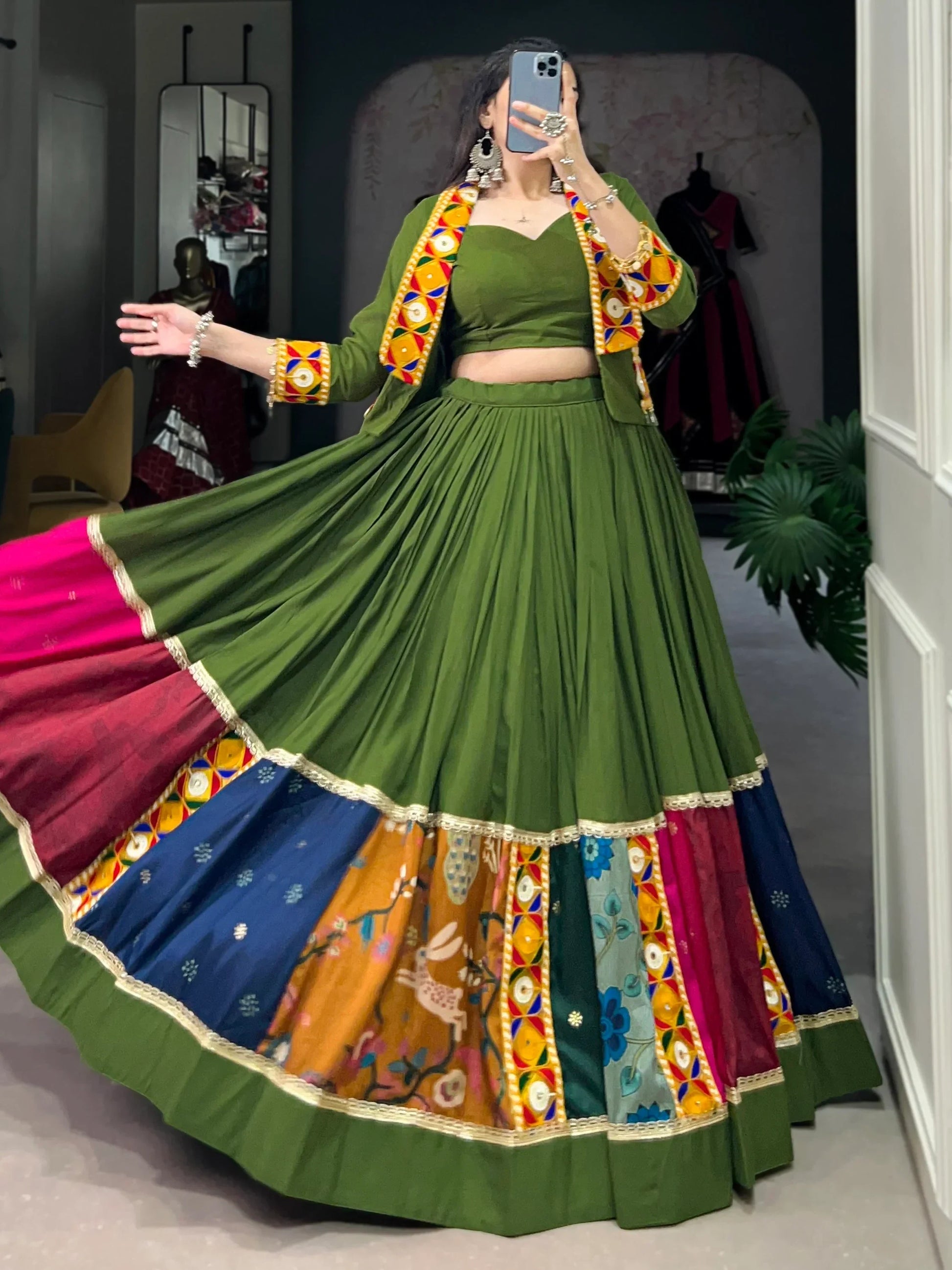 Beautiful Green Rayon Printed Navratri Lehenga Choli With Koti - Zeel Clothing