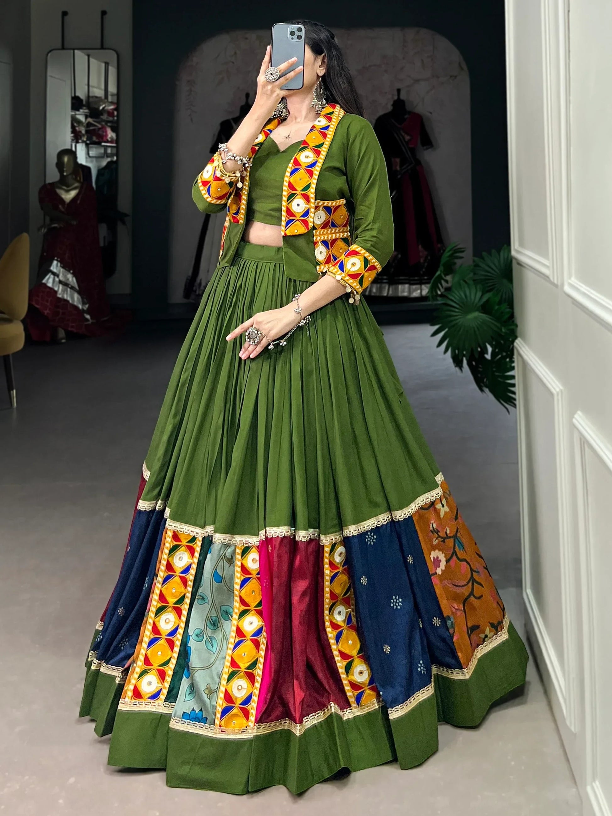 Beautiful Green Rayon Printed Navratri Lehenga Choli With Koti - Zeel Clothing