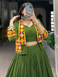 Beautiful Green Rayon Printed Navratri Lehenga Choli With Koti - Zeel Clothing