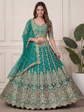 Beautiful Green Sequins Embroidery Net Mehendi Wear Lehenga With Blouse