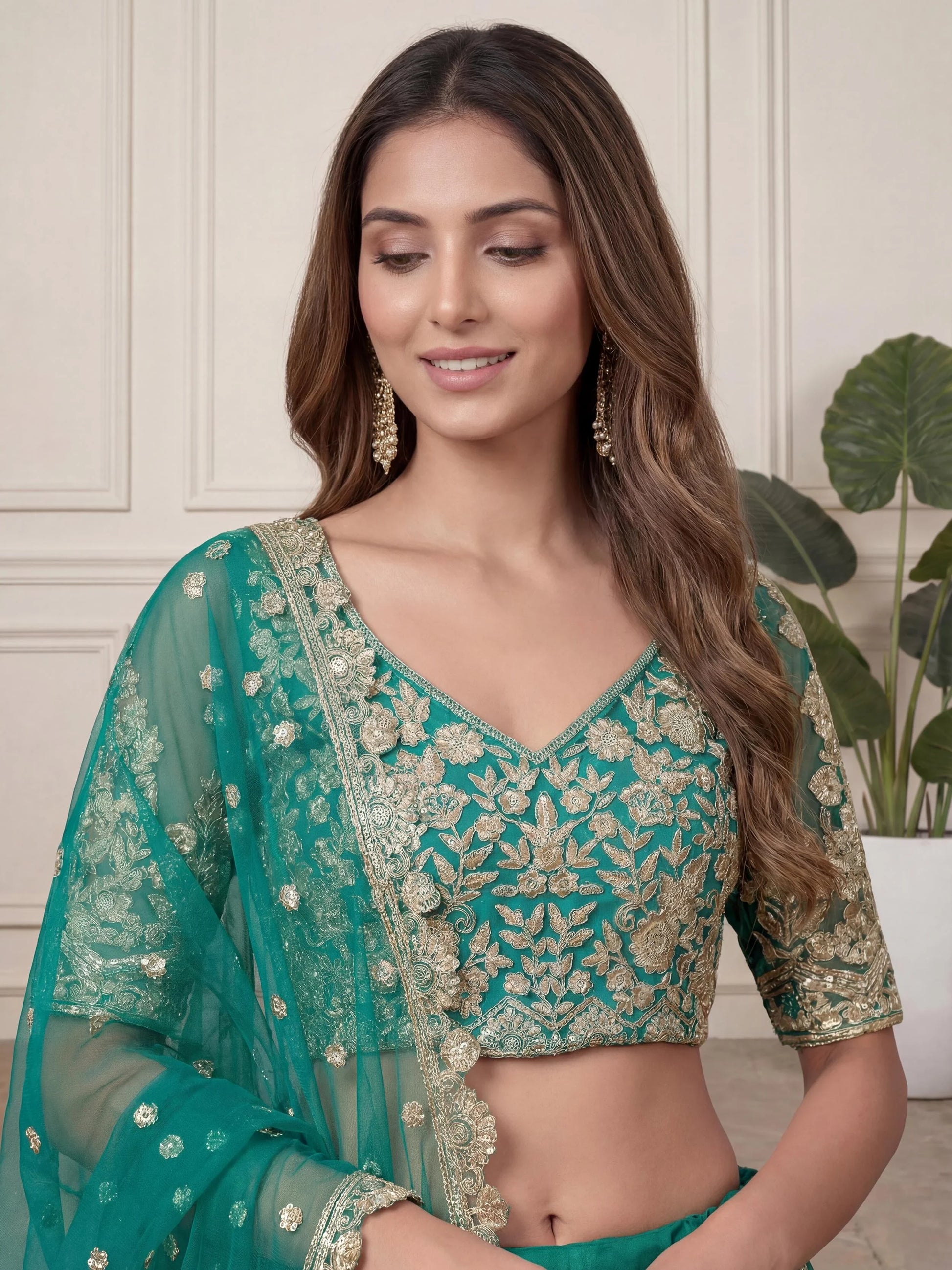 Beautiful Green Sequins Embroidery Net Mehendi Wear Lehenga With Blouse