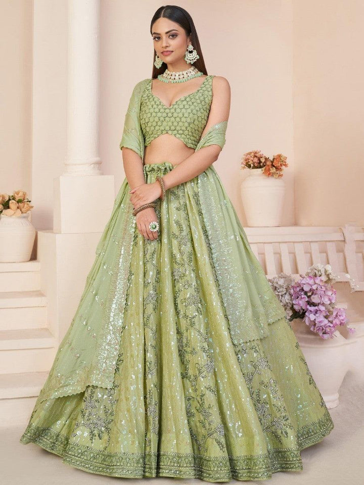 Beautiful Green Sequins Georgette Mehendi Wear Lehenga Choli