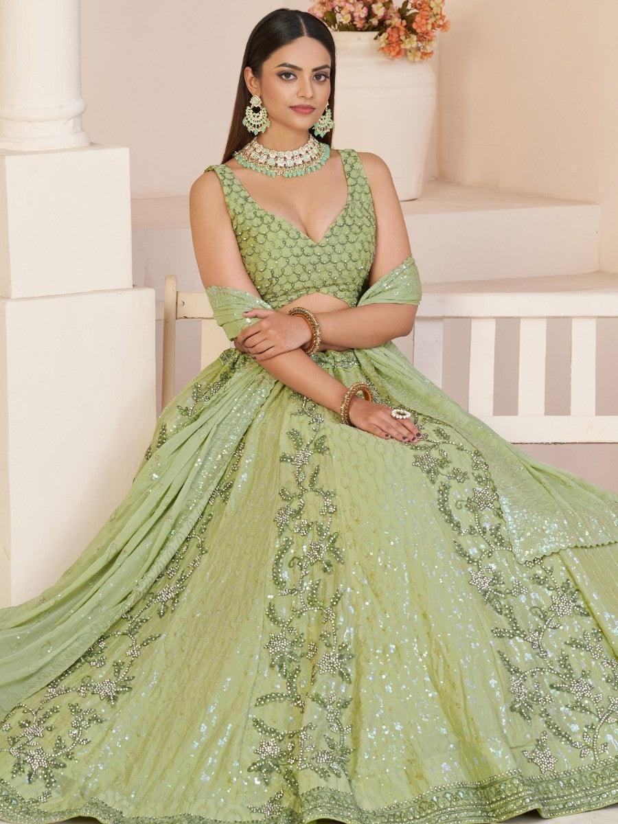 Beautiful Green Sequins Georgette Mehendi Wear Lehenga Choli