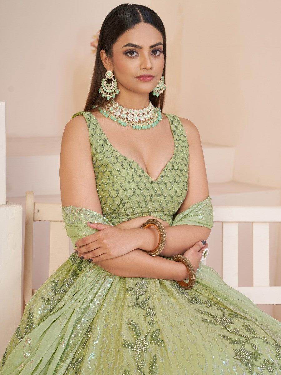 Beautiful Green Sequins Georgette Mehendi Wear Lehenga Choli - Zeel Clothing