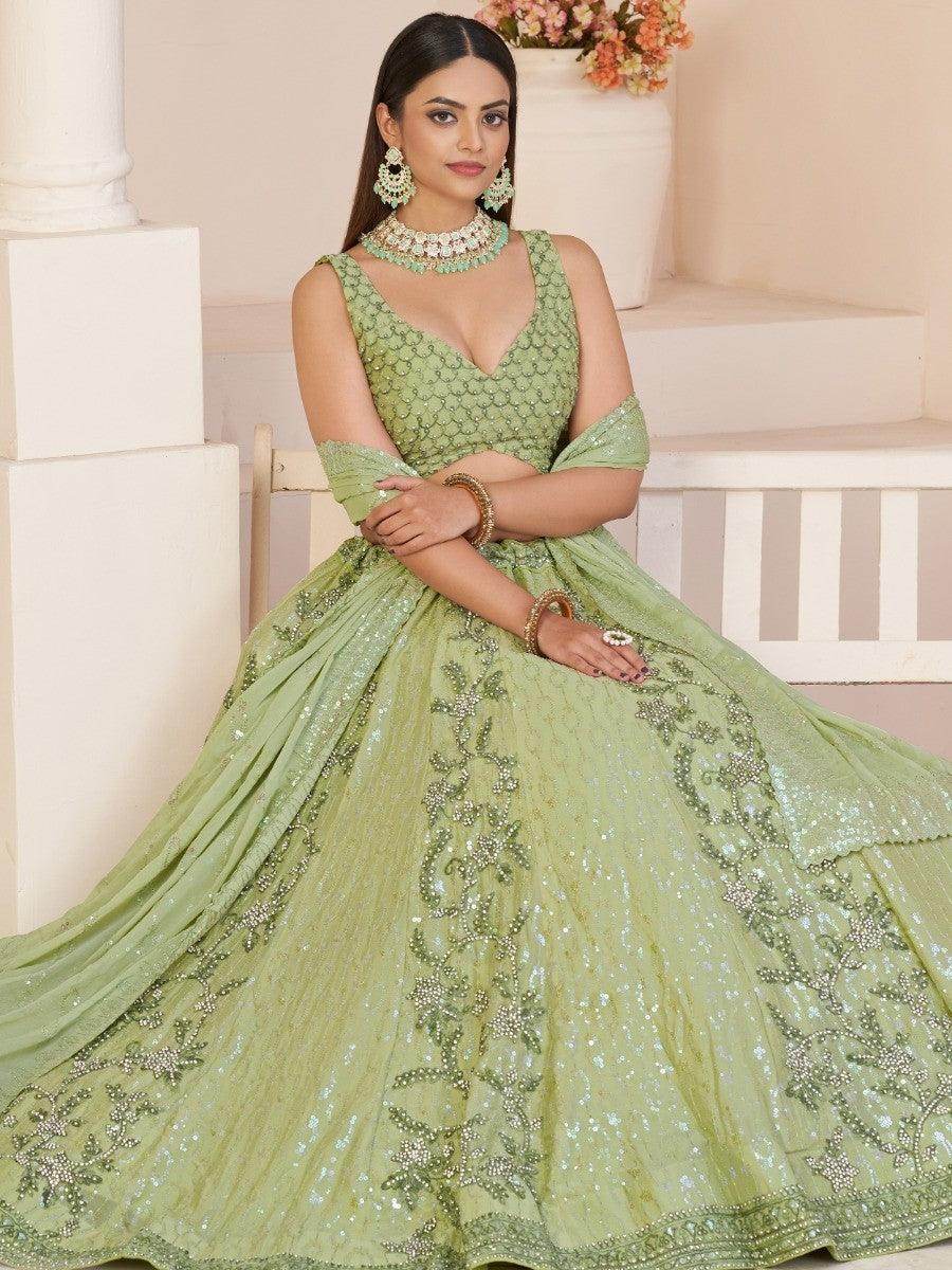 Beautiful Green Sequins Georgette Mehendi Wear Lehenga Choli - Zeel Clothing