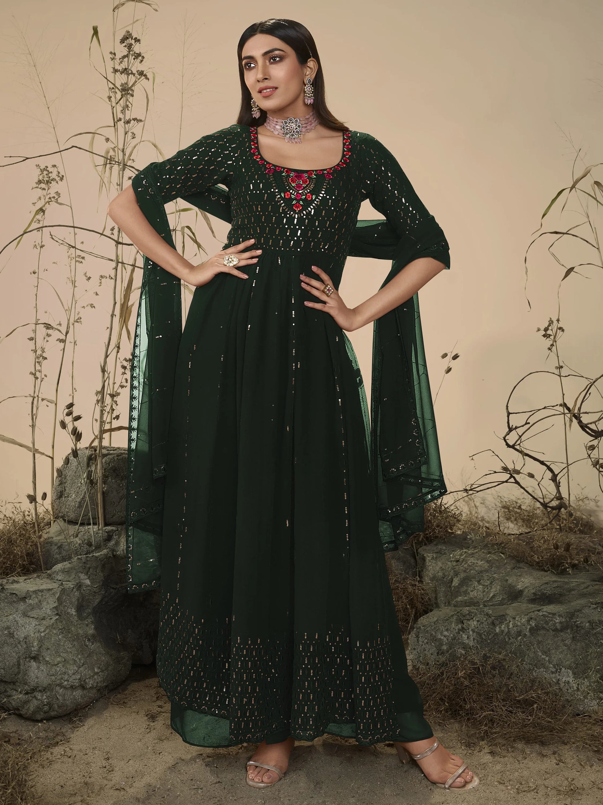 Beautiful Green Sequins Georgette Ready-Made Palazzo Suit - Zeel Clothing