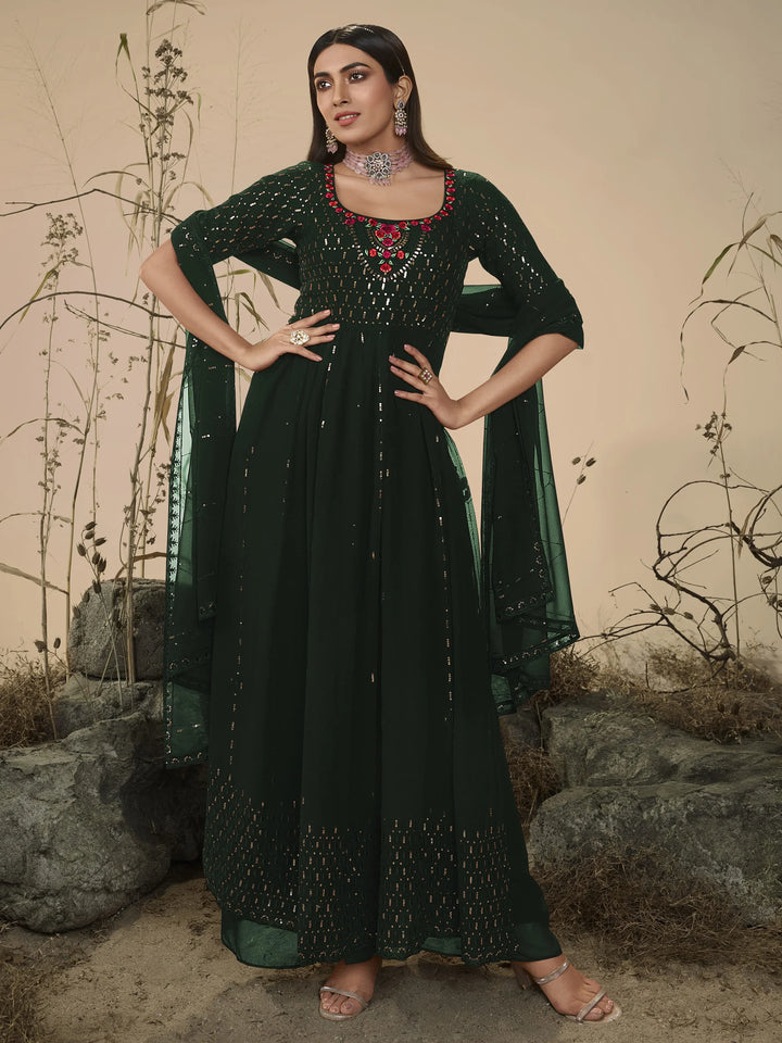 Beautiful Green Sequins Georgette Ready-Made Palazzo Suit - Zeel Clothing