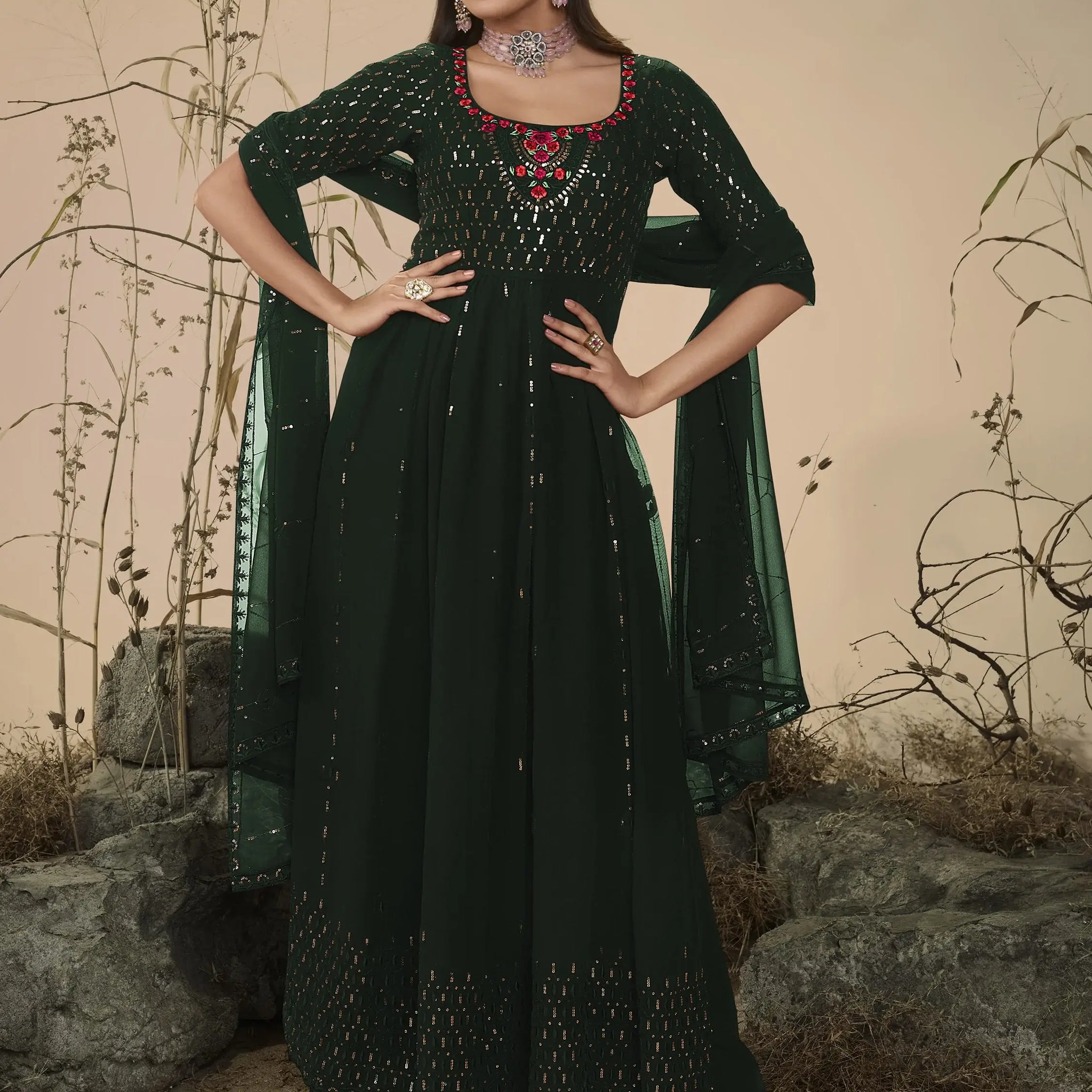 Beautiful Green Sequins Georgette Ready-Made Palazzo Suit - Zeel Clothing