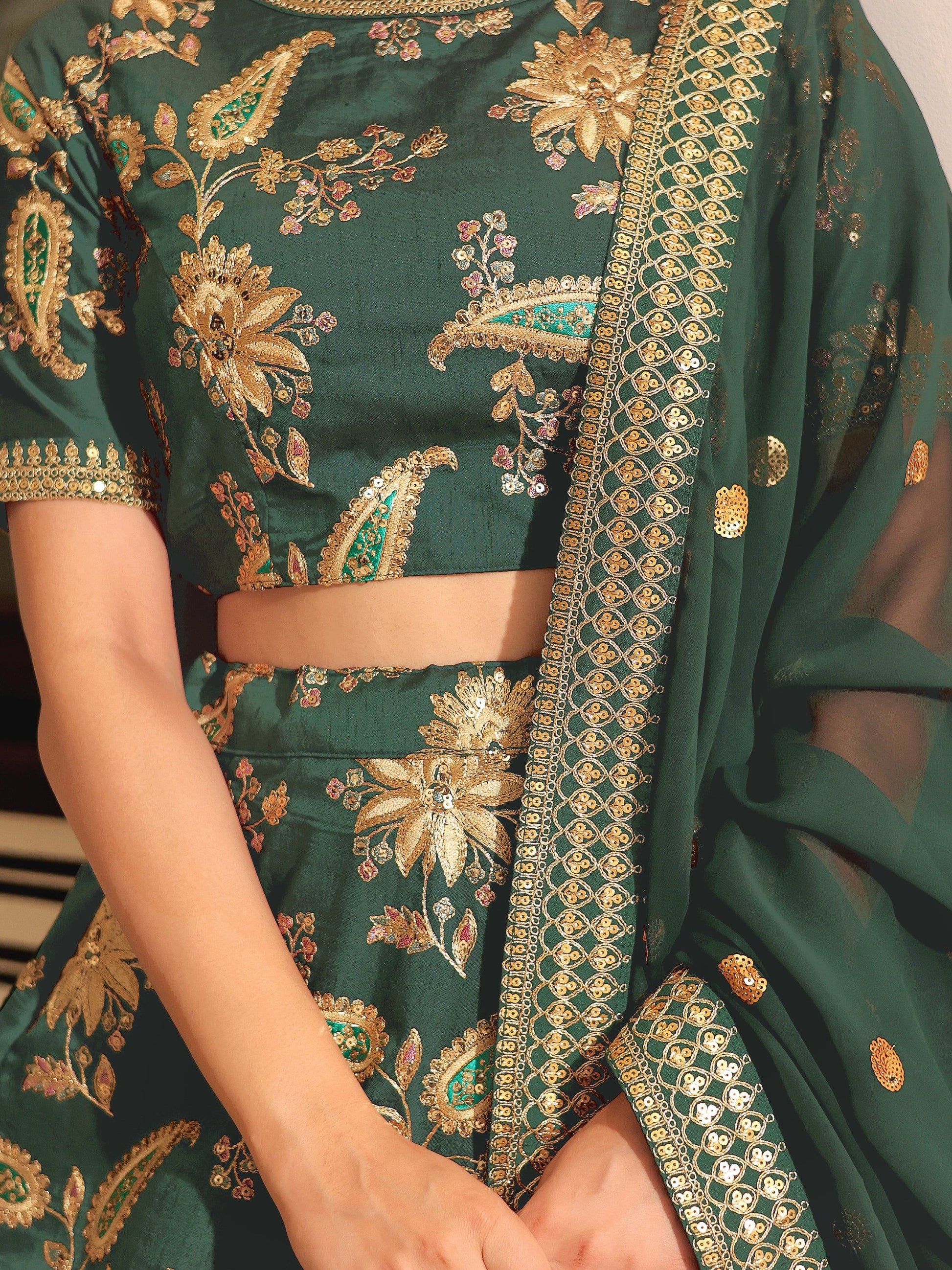 Beautiful Green Thread Embroidered Art Silk Lehenga Choli With Dupatta - Zeel Clothing