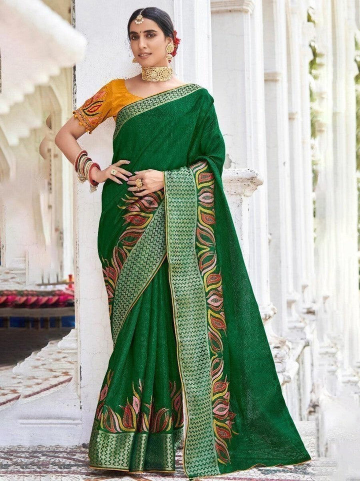 Beautiful Green Thread Embroidered Cotton Saree With Blouse