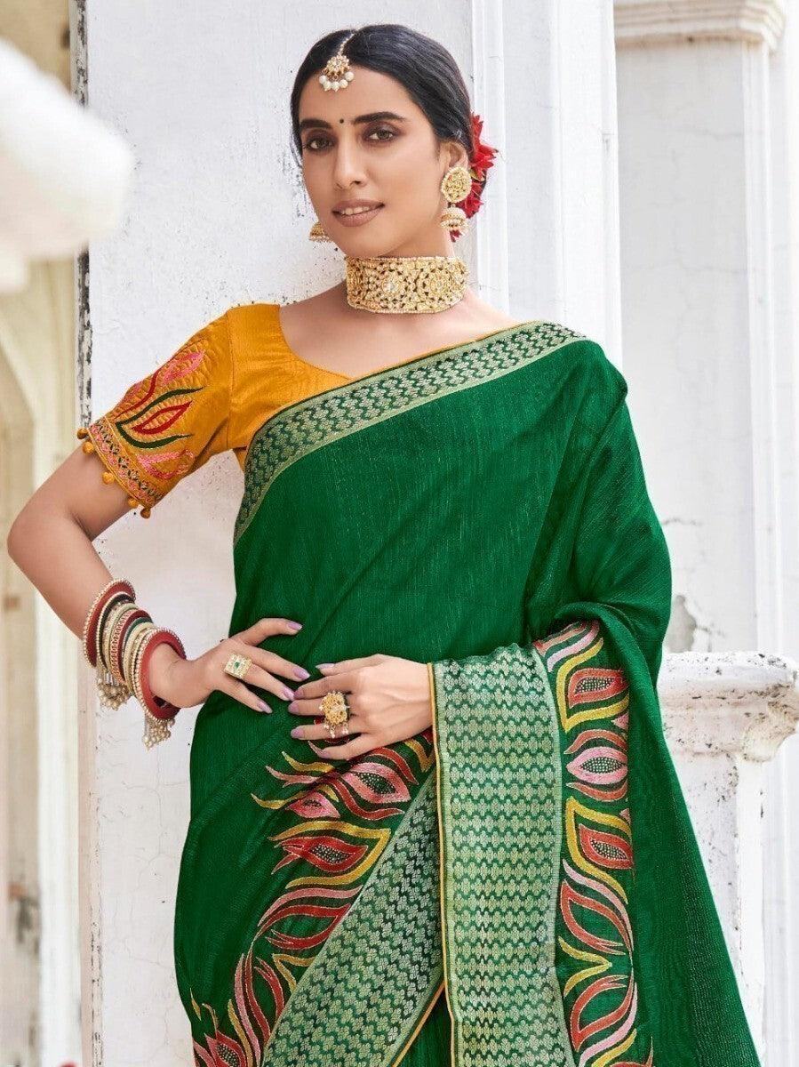 Beautiful Green Thread Embroidered Cotton Saree With Blouse