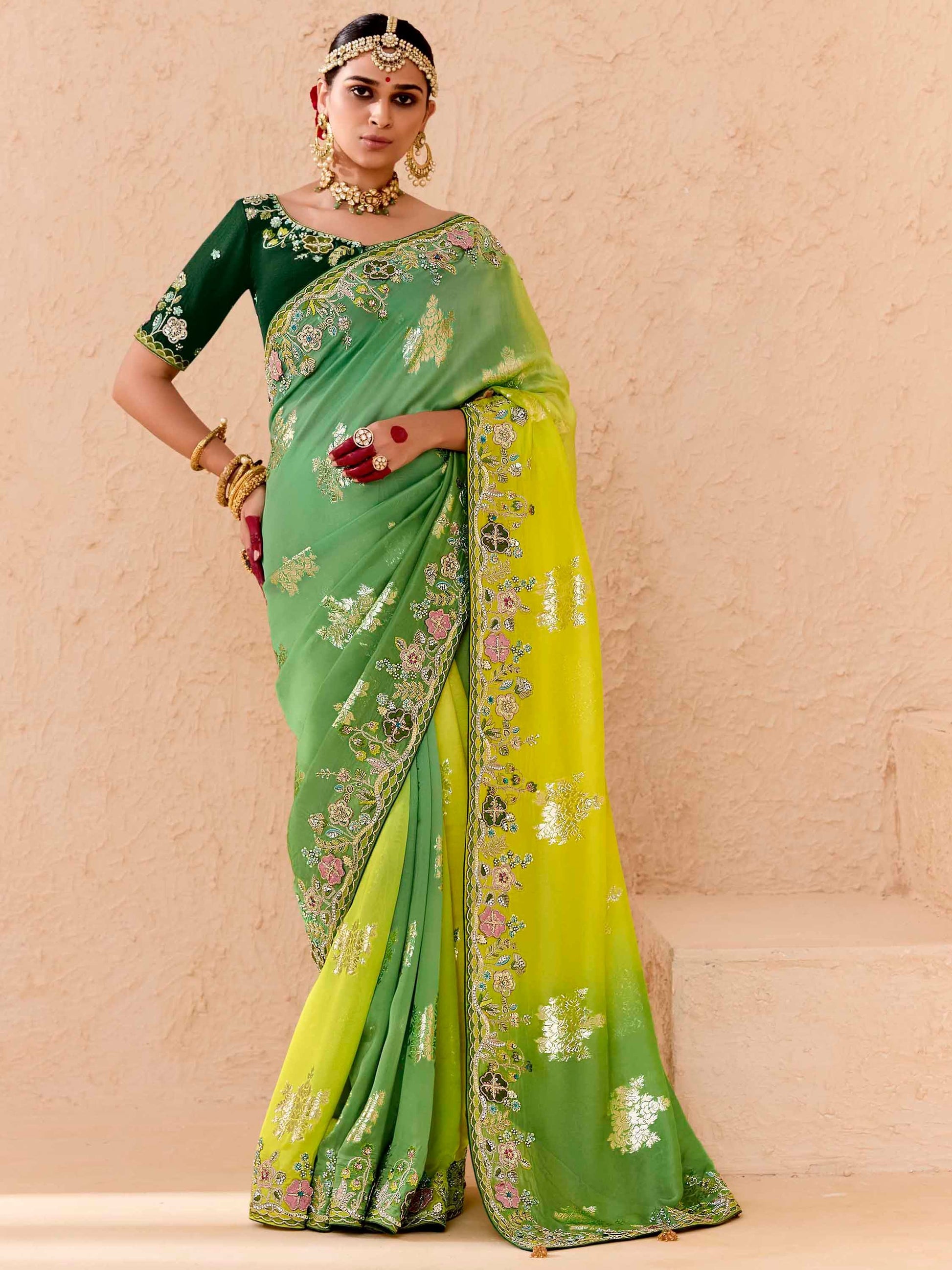 Beautiful Green Thread Embroidered Viscose Evening Wear Saree - Zeel Clothing