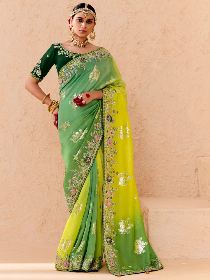 Beautiful Green Thread Embroidered Viscose Evening Wear Saree - Zeel Clothing