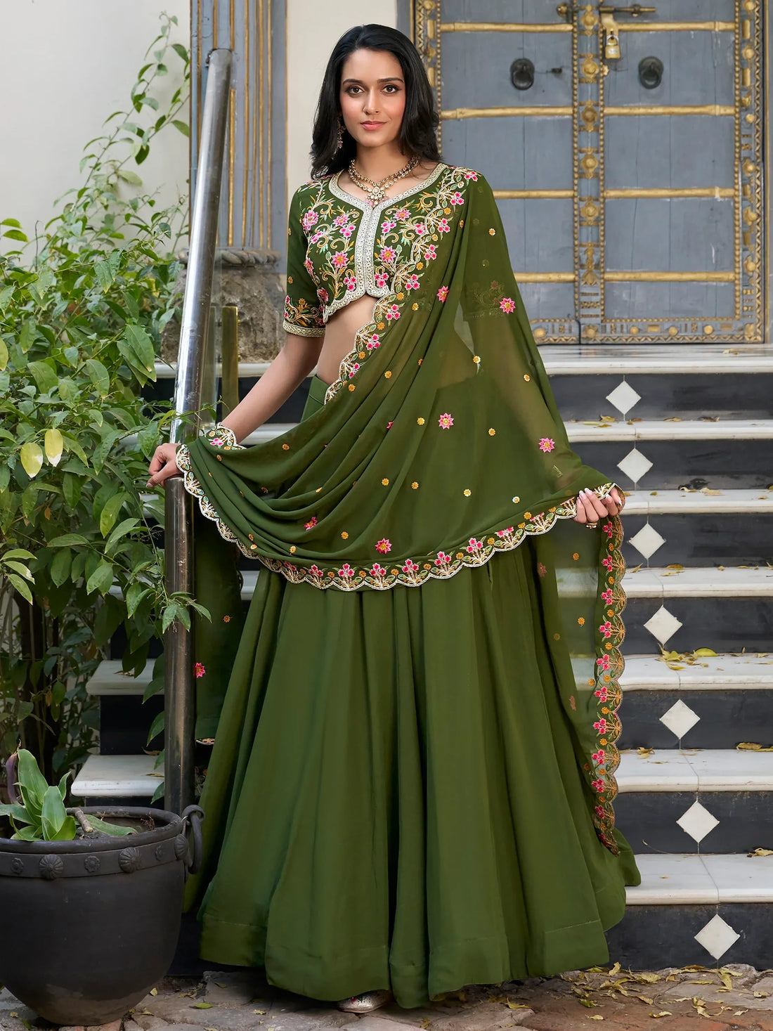 Beautiful Green Thread Work Georgette Mehendi Wear Lehenga Choli - Zeel Clothing