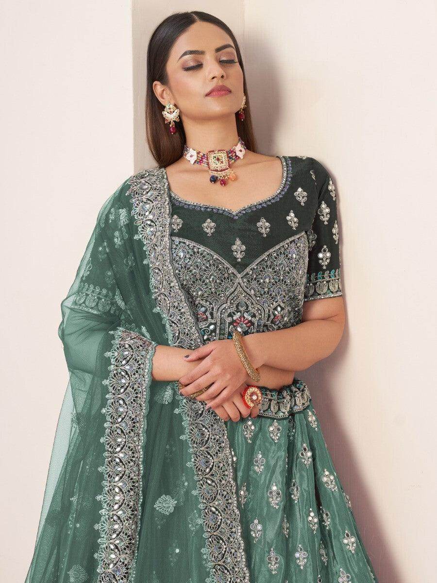 Beautiful Green Thread Work Satin Lehenga Choli With Dupatta - Zeel Clothing