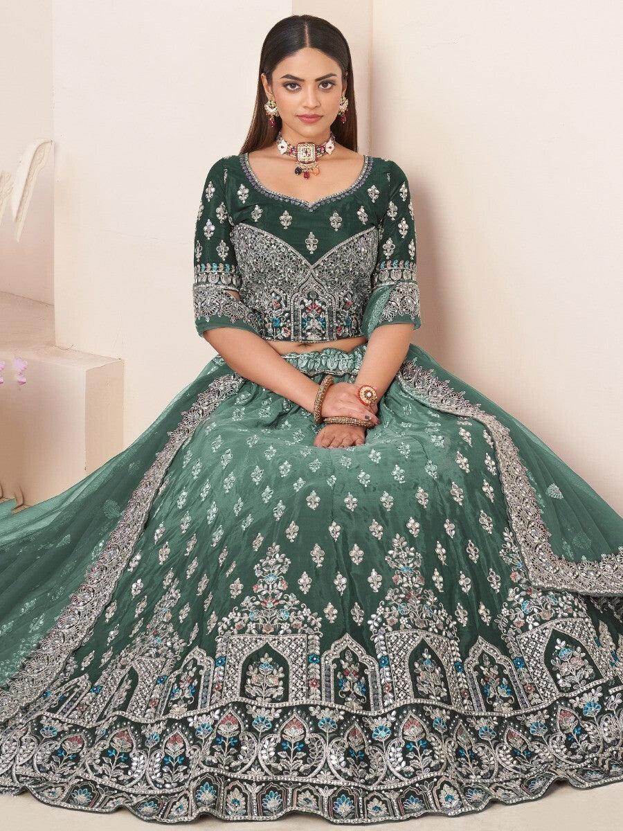 Beautiful Green Thread Work Satin Lehenga Choli With Dupatta - Zeel Clothing