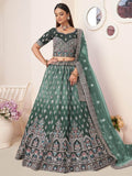 Beautiful Green Thread Work Satin Lehenga Choli With Dupatta - Zeel Clothing