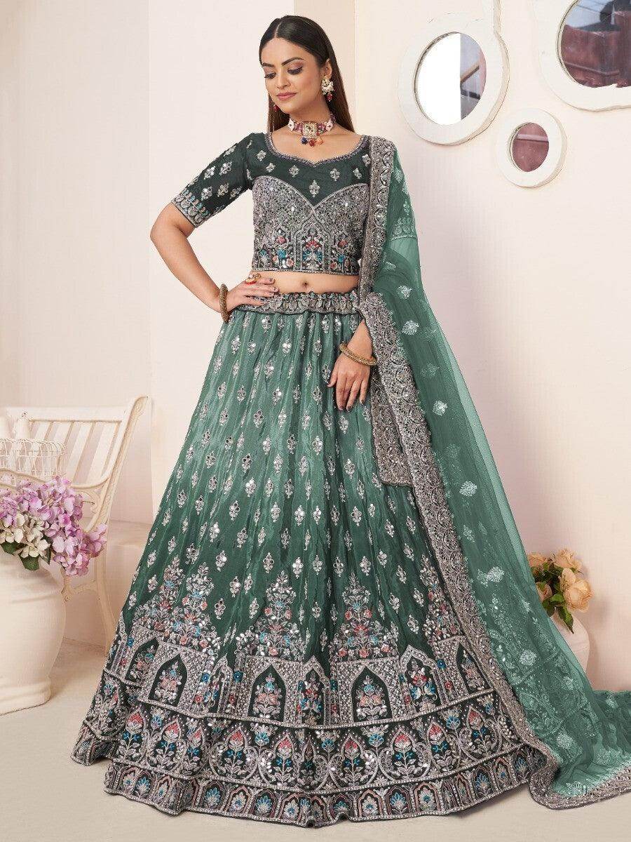 Beautiful Green Thread Work Satin Lehenga Choli With Dupatta - Zeel Clothing