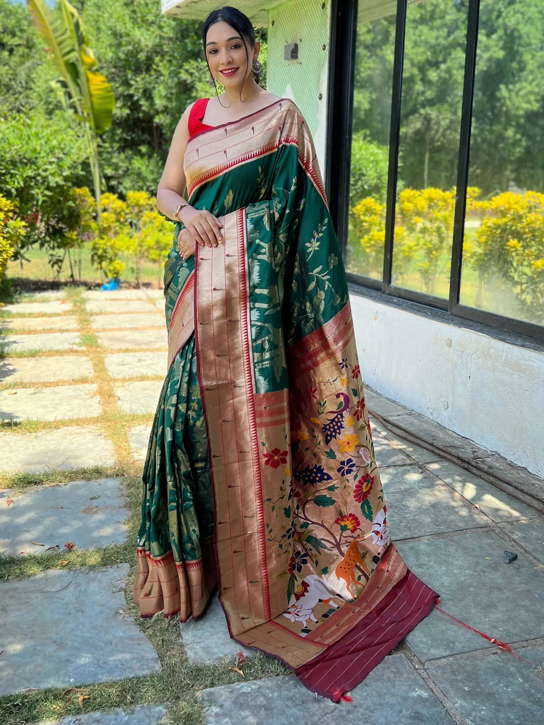 Beautiful Green Woven Paithani Silk Reception Wear Saree With Blouse - Zeel Clothing