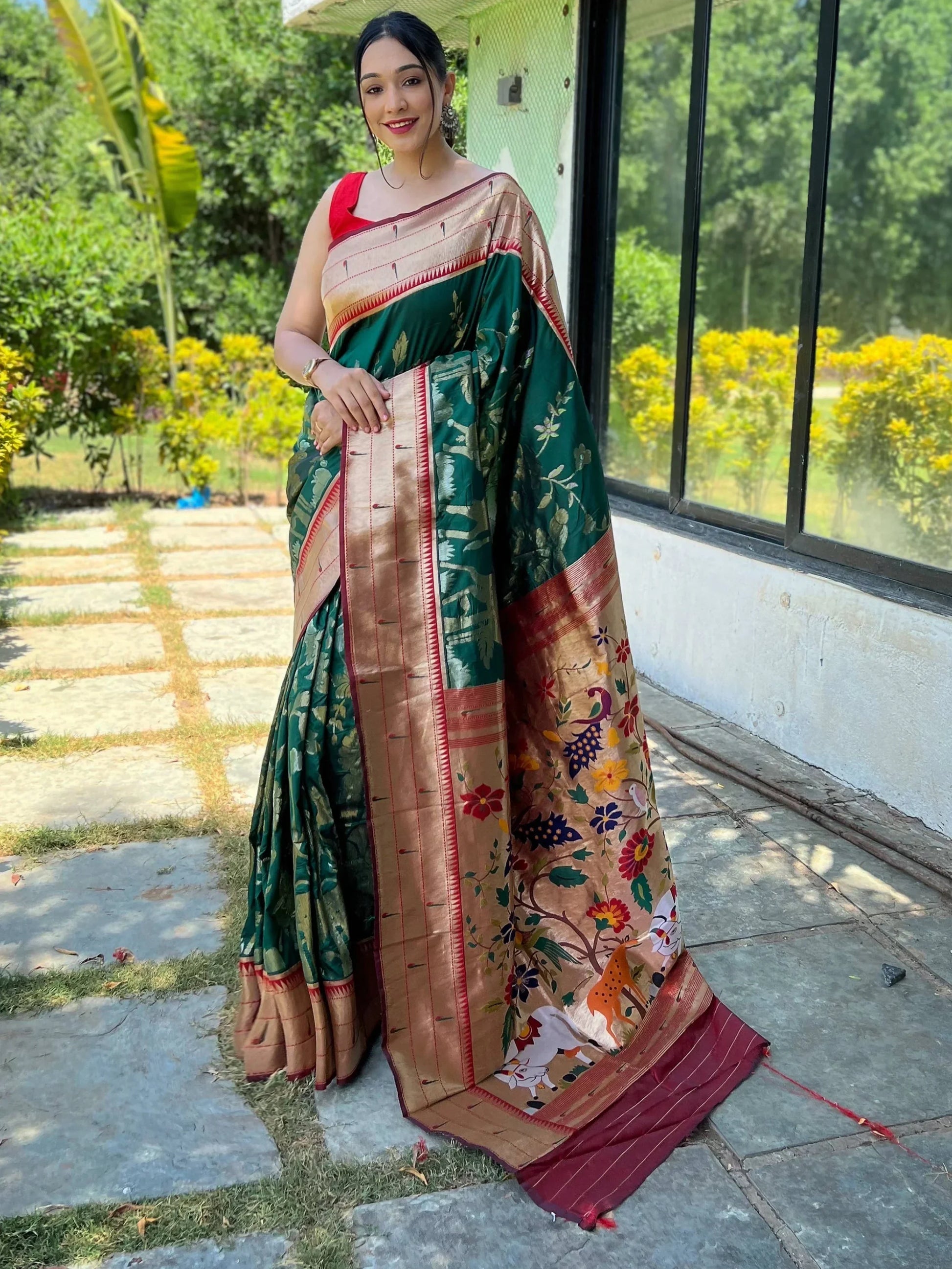 Beautiful Green Woven Paithani Silk Reception Wear Saree With Blouse - Zeel Clothing