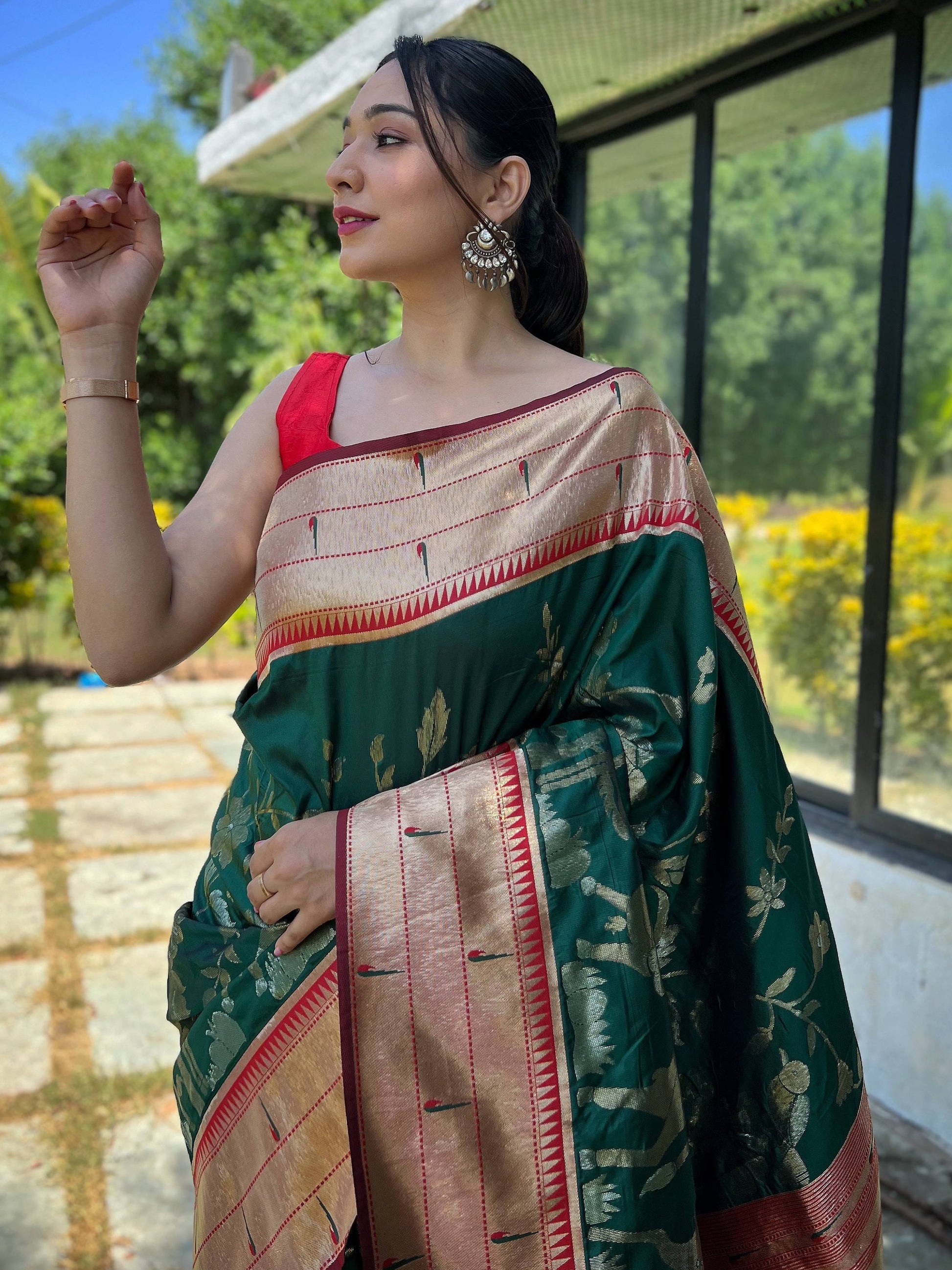 Beautiful Green Woven Paithani Silk Reception Wear Saree With Blouse - Zeel Clothing