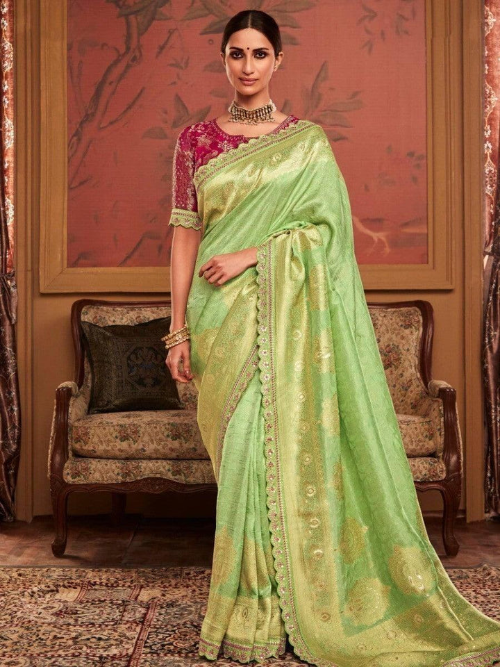 Beautiful Green Woven Silk Reception Wear Saree With Blouse