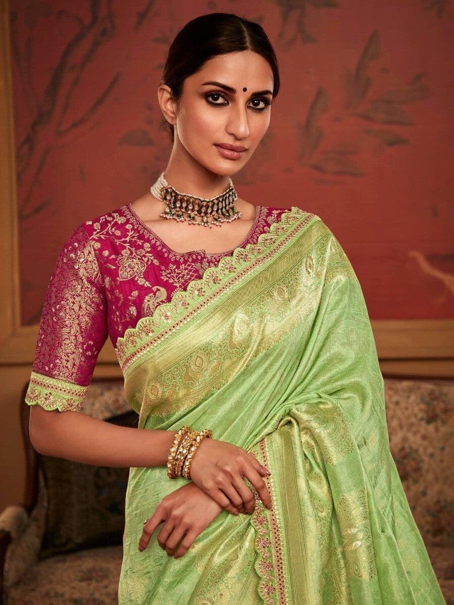 Beautiful Green Woven Silk Reception Wear Saree With Blouse