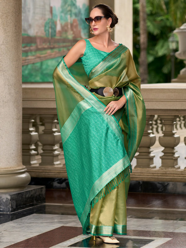 Beautiful Green Zari Weaving Silk Event Wear Saree With Blouse - Zeel Clothing