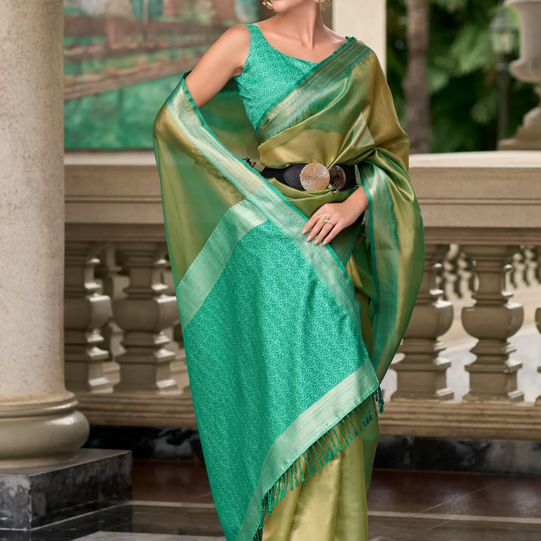 Beautiful Green Zari Weaving Silk Event Wear Saree With Blouse - Zeel Clothing