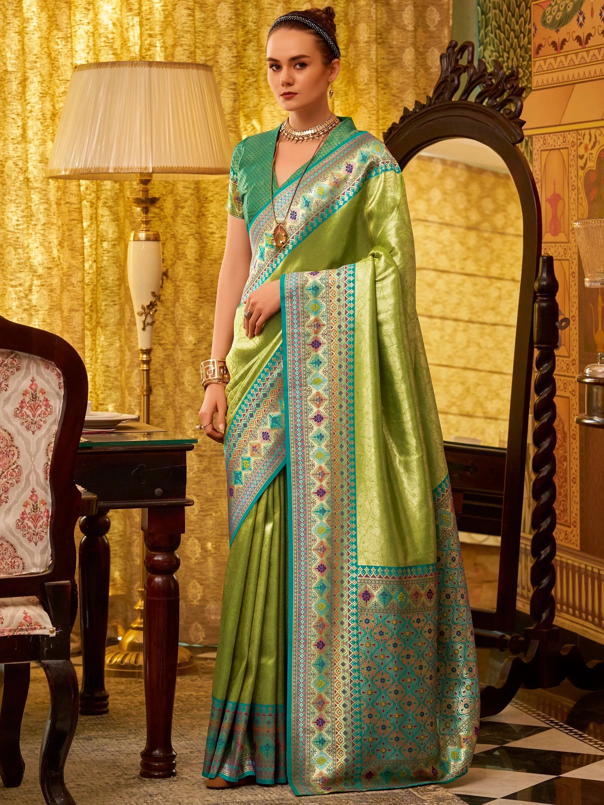 Beautiful Green Zari Weaving Tissue Silk Festive Wear Saree With Blouse - Zeel Clothing