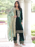Beautiful Green Zari Work Velvet Wedding Wear Pant Suit With Dupatta