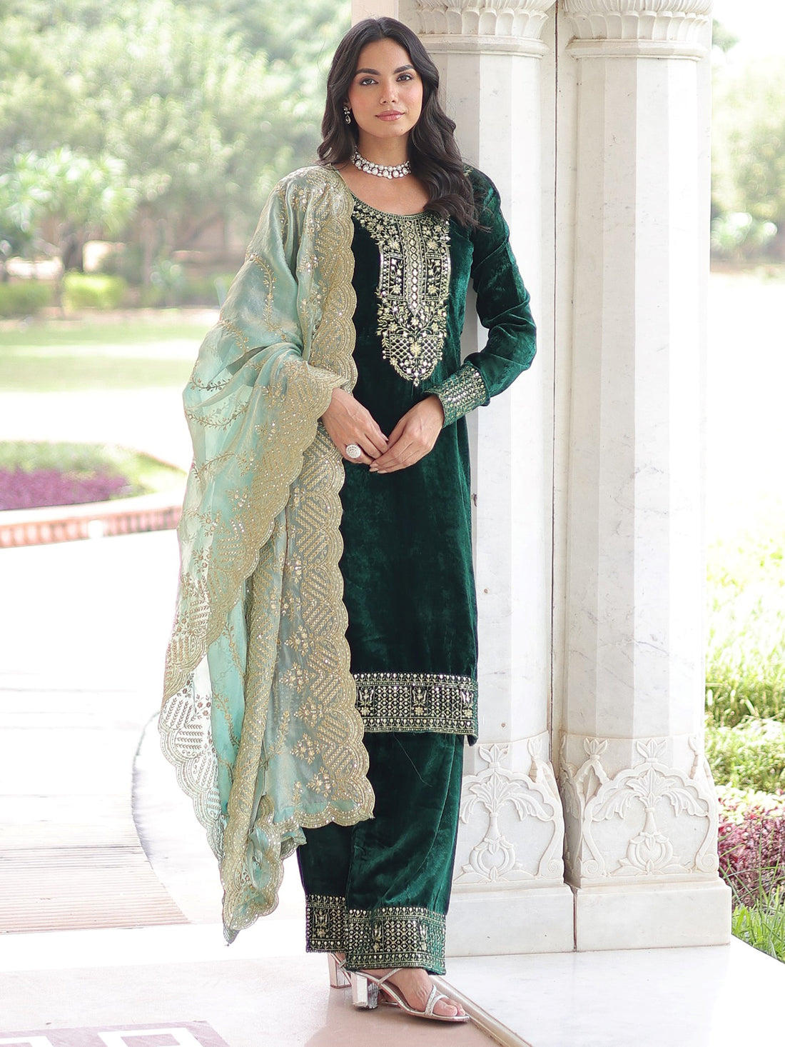 Beautiful Green Zari Work Velvet Wedding Wear Pant Suit With Dupatta