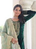 Beautiful Green Zari Work Velvet Wedding Wear Pant Suit With Dupatta