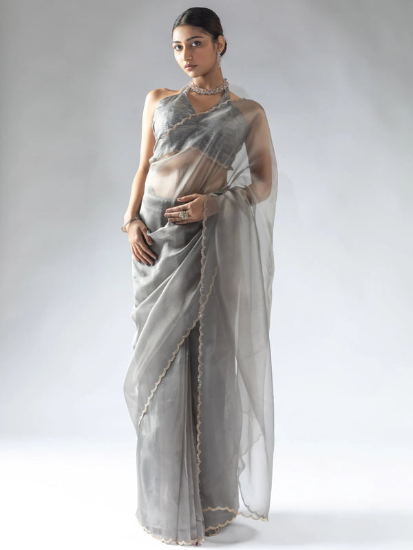 Beautiful Grey Border Work Organza Reception Wear Pre-Stitched Saree - Zeel Clothing
