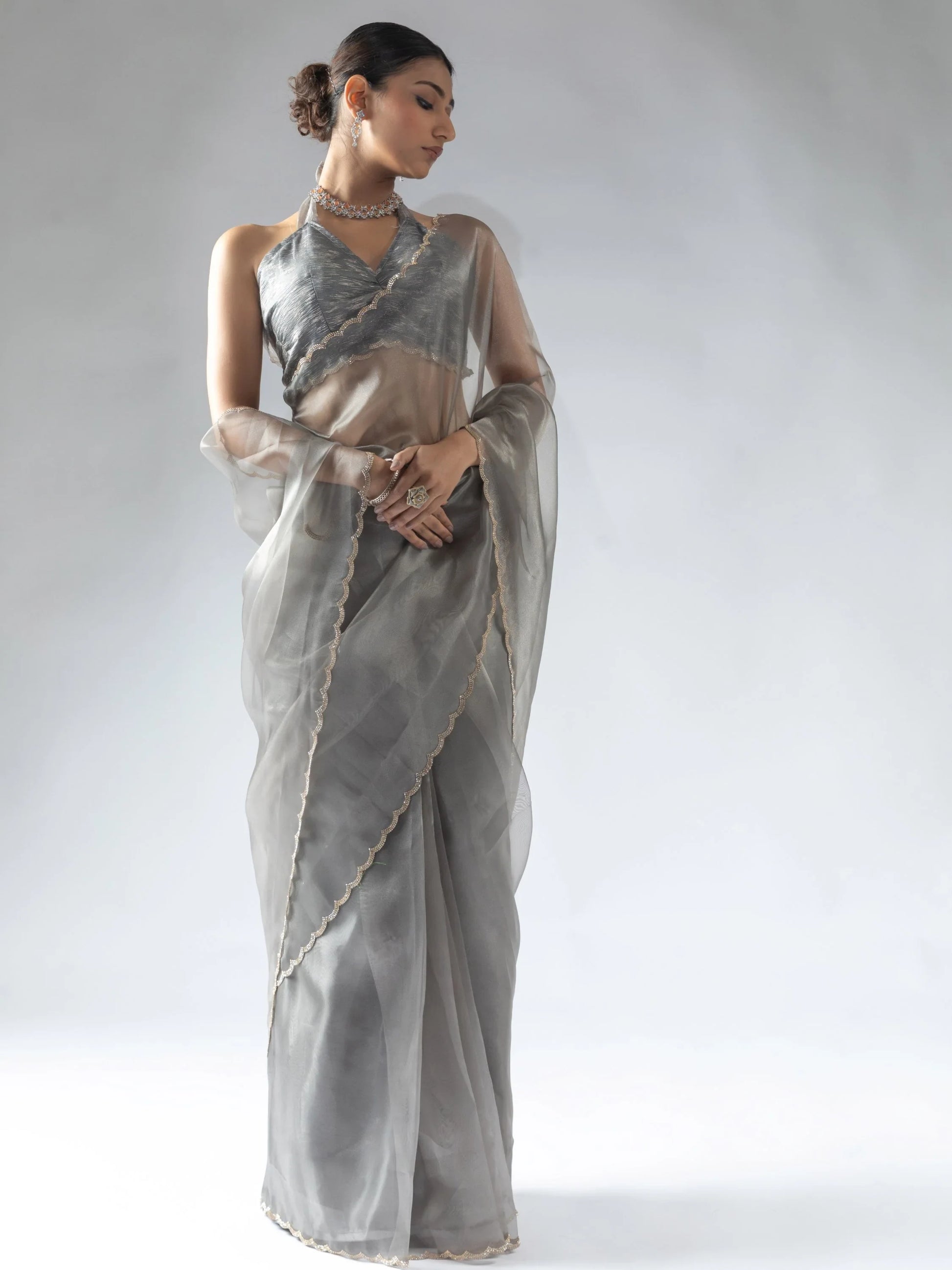 Beautiful Grey Border Work Organza Reception Wear Pre-Stitched Saree - Zeel Clothing