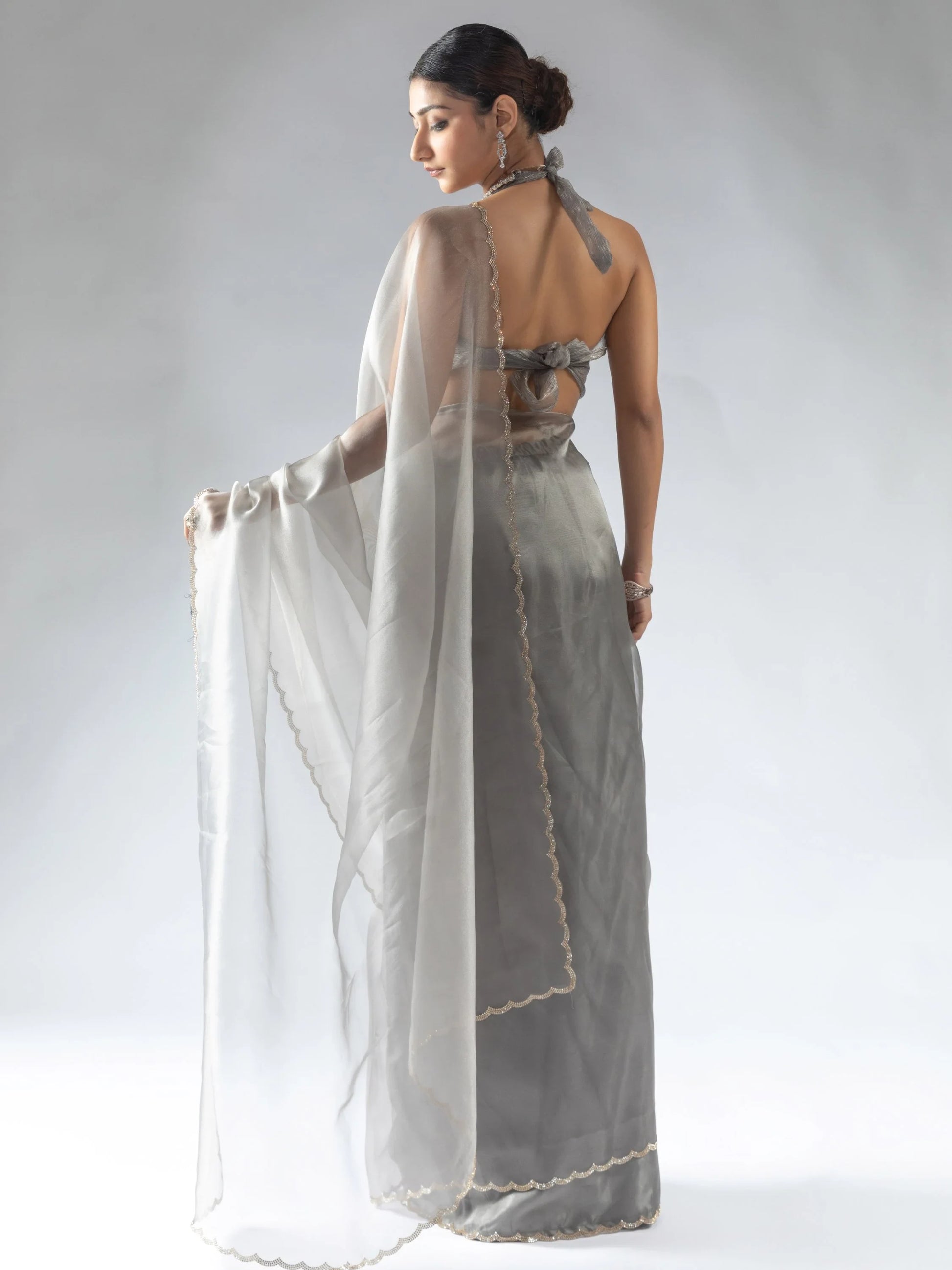 Beautiful Grey Border Work Organza Reception Wear Pre-Stitched Saree - Zeel Clothing