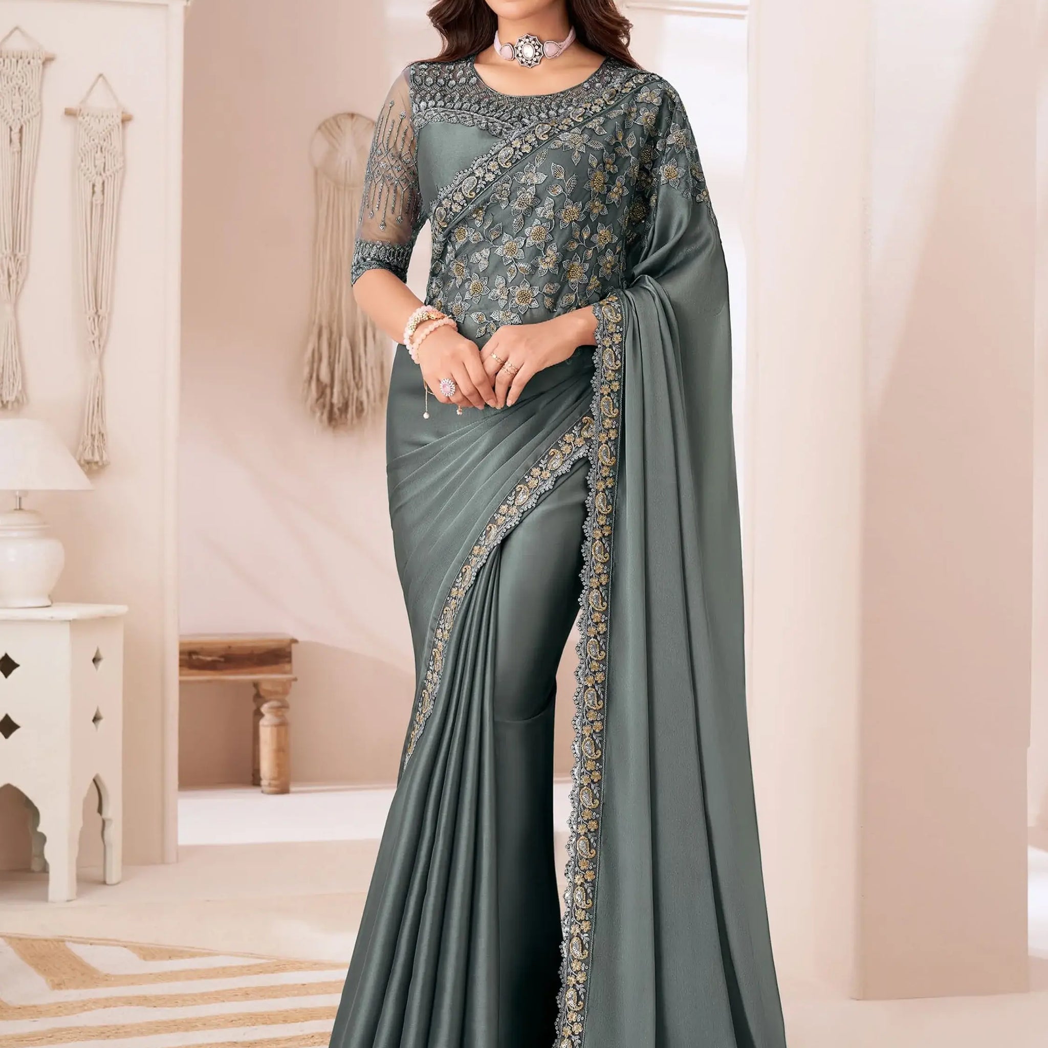 Beautiful Grey Embroidered Georgette Reception Wear Saree With Blouse - Zeel Clothing