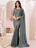 Beautiful Grey Embroidered Georgette Reception Wear Saree With Blouse - Zeel Clothing