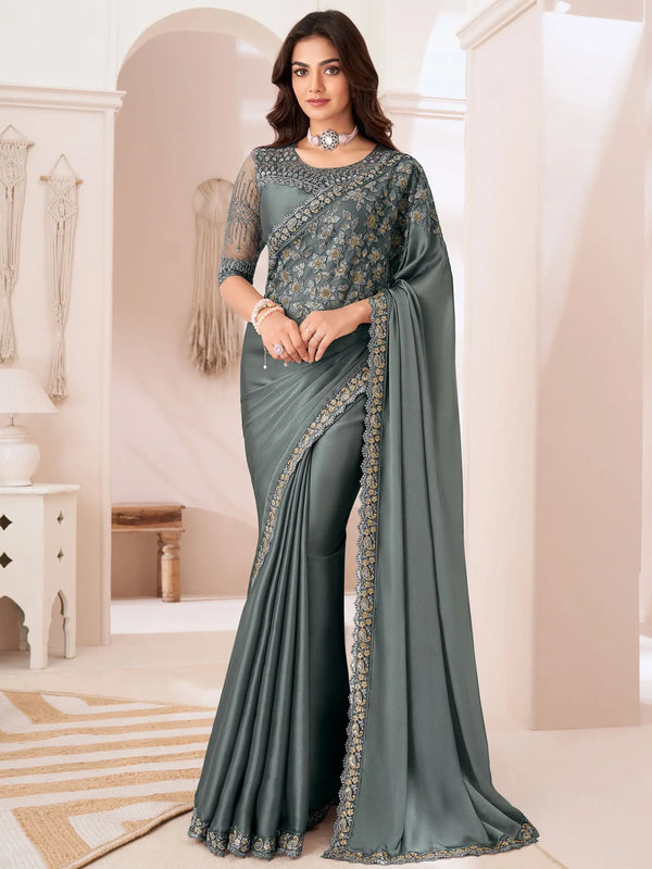 Beautiful Grey Embroidered Georgette Reception Wear Saree With Blouse - Zeel Clothing