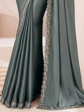 Beautiful Grey Embroidered Georgette Reception Wear Saree With Blouse - Zeel Clothing